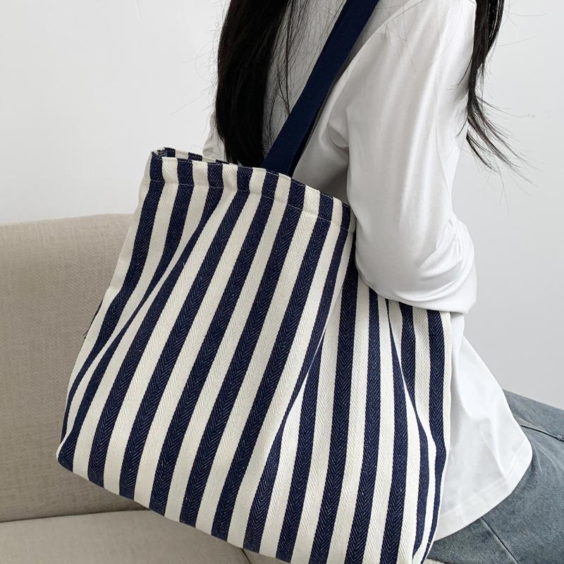 1Pcs Female Daily Shopping Bags Simple Striped Women'S Canvas Casual Shoulder Bags Fashion Large Capacity Ladies Tote Handbags