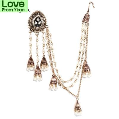 Vintage Palace Pearl Earrings Earring Link Headdress Antique Gold Pearl Tassel Earrings For Women Long Chain Jewelry Party Gift