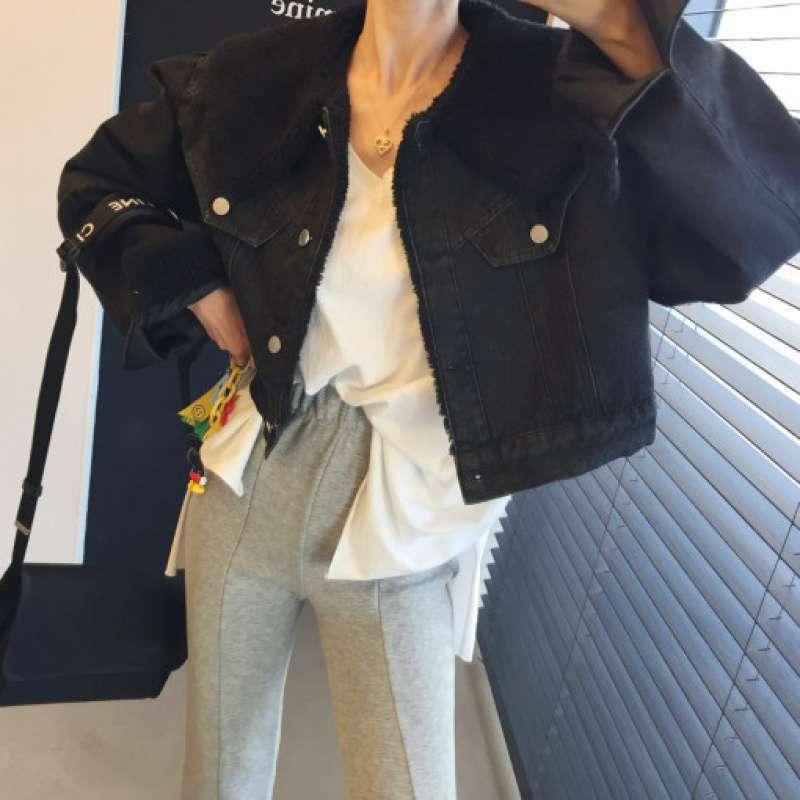 Lamb Fur Spliced Denim Jacket Women  Autumn Winter Vintage Turn Down Collar New Coats Casual Button Up Short Jacket