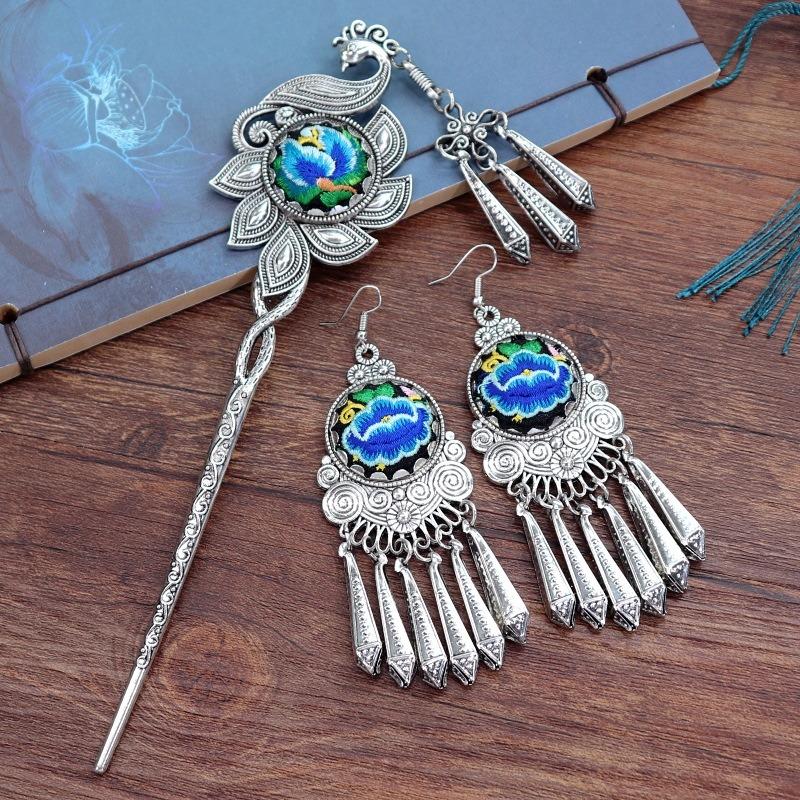 Vintage embroidery earrings hairpin classical temperament Miao peacock flower fringed earrings hair accessories set women