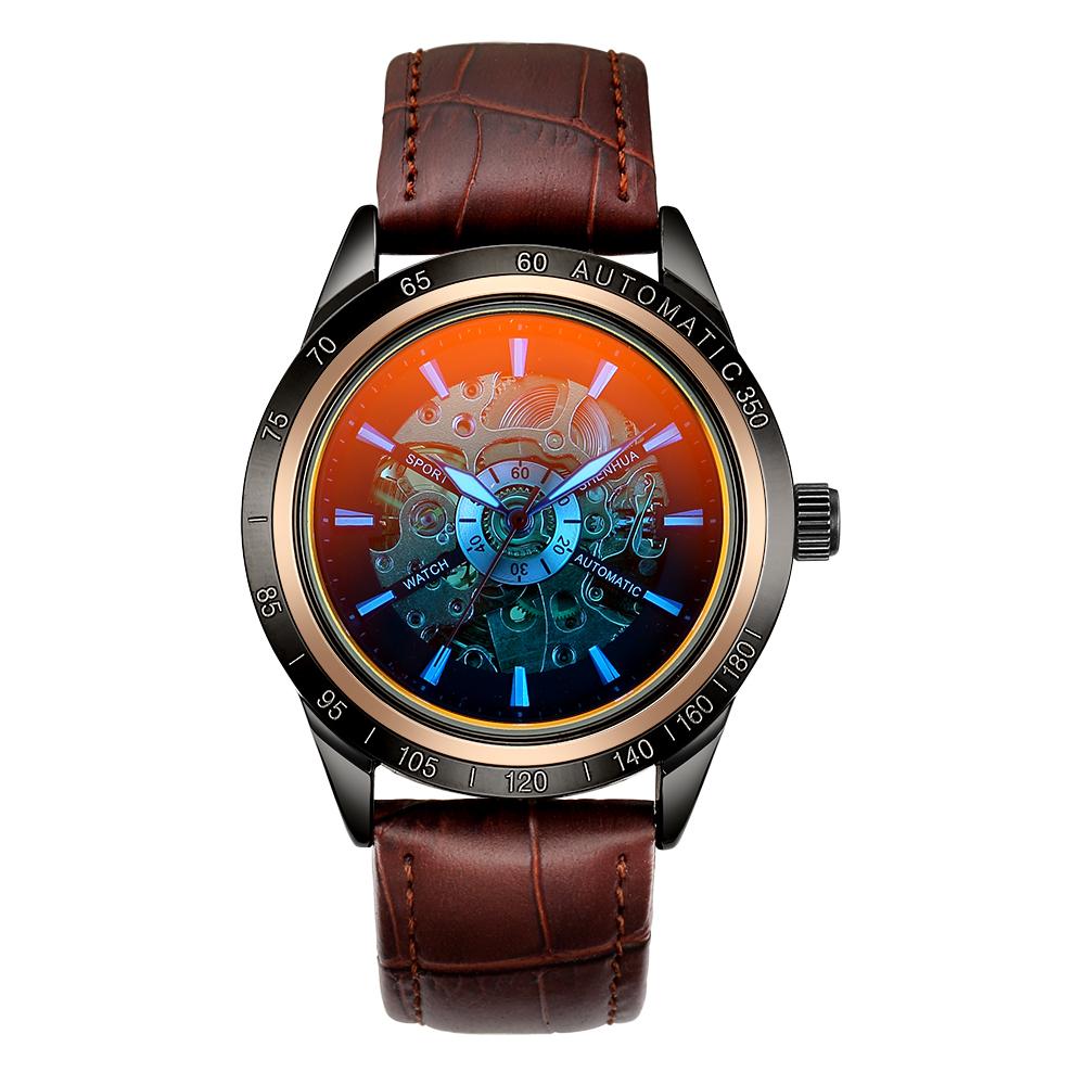 Creative Skeleton Mechanical Wristwatch Automatic Self Winding Watches Men Leather Steampunk Clock Without Battery Uhr Reloj