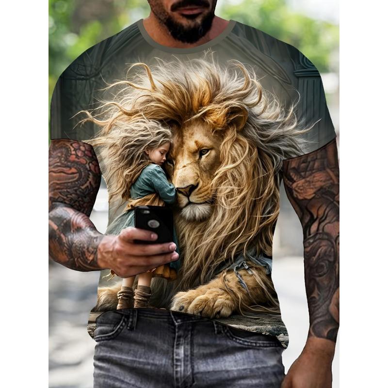 Men's Beautiful Girl and Lion 3D Printed T-Shirt Casual Short Sleeve Crewneck Top Cute Fairy Tale Style Animal Graphic Tee Harajuku Fashion Apparel