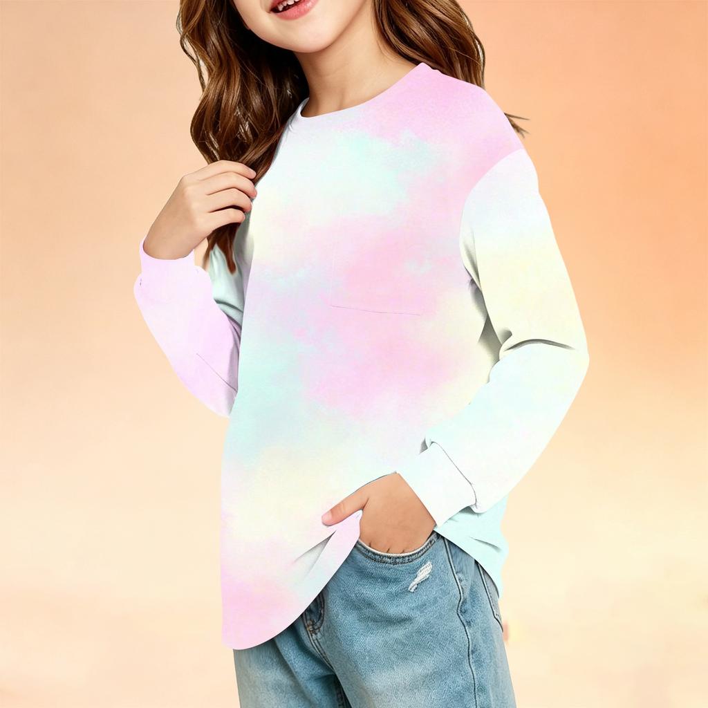 Kids Long Sleeve Printed Round Neck T-Shirt with Pocket Casual Top