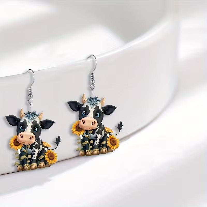 Cute cow sunflower earrings 2D acrylic spring new exquisite cartoon animal calf earrings jewelry