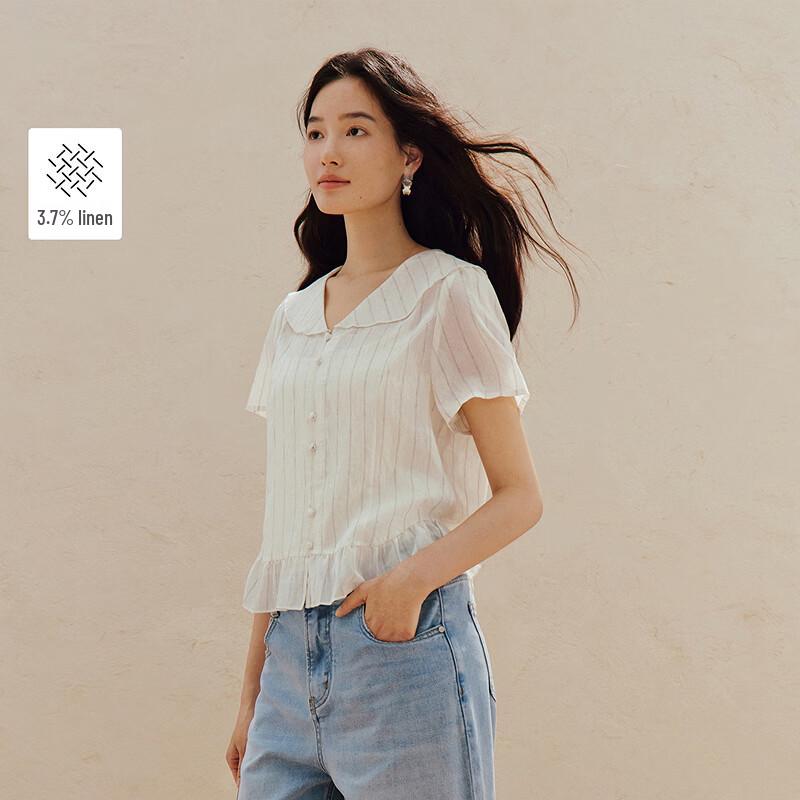 INMAN Women s French Style Striped Linen Blend Short Sleeve Ruffled Lapel Shirt S