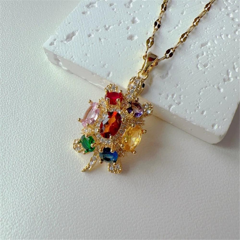 Cute Female Rainbow Zircon Stone Pendant Necklace Vintage Gold Color Wedding Jewelry For Women