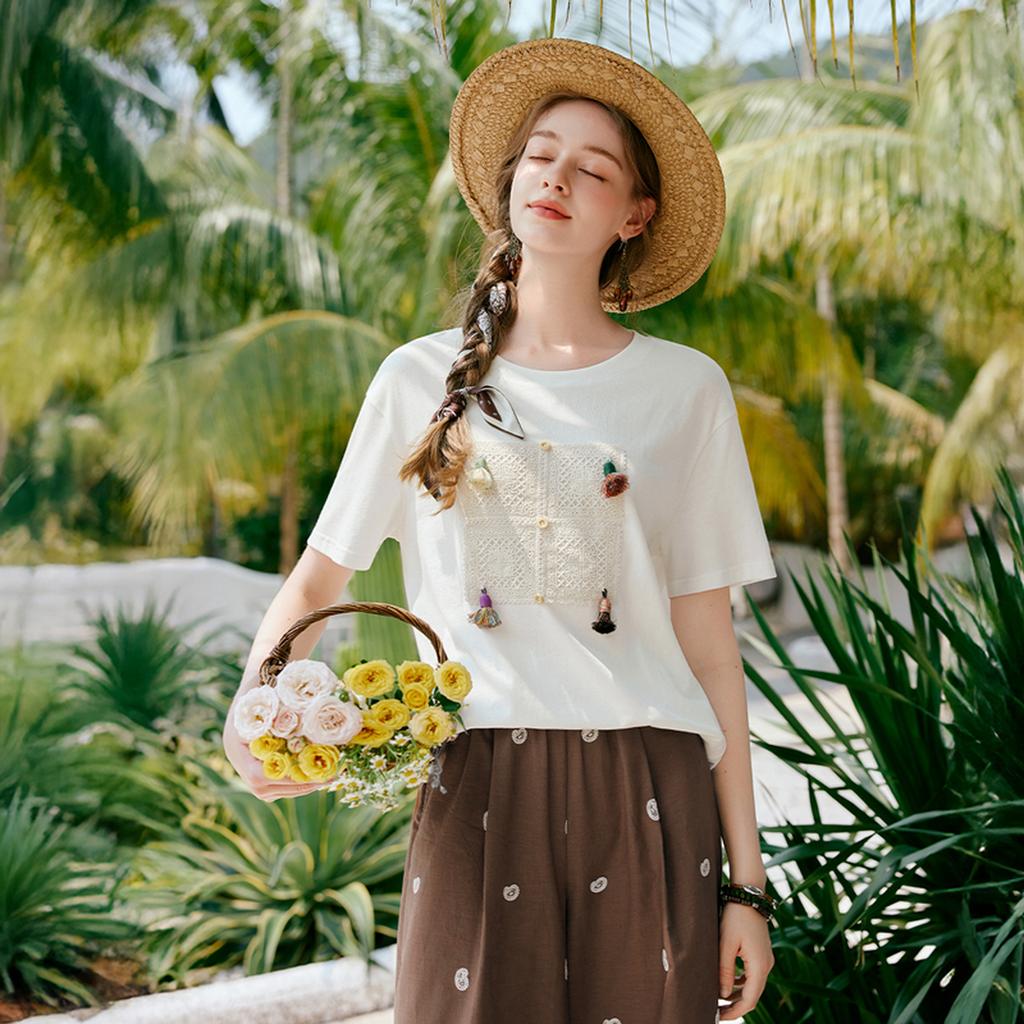Xiangying White Pure Cotton Round Neck Short-Sleeved T-Shirt for Women