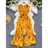 Holiday Ins Wear Women's Fashion Fancy Sleeveless V-neck Lace Up Waist Trimming Printing Loose Wide Leg Pleated Jumpsuit