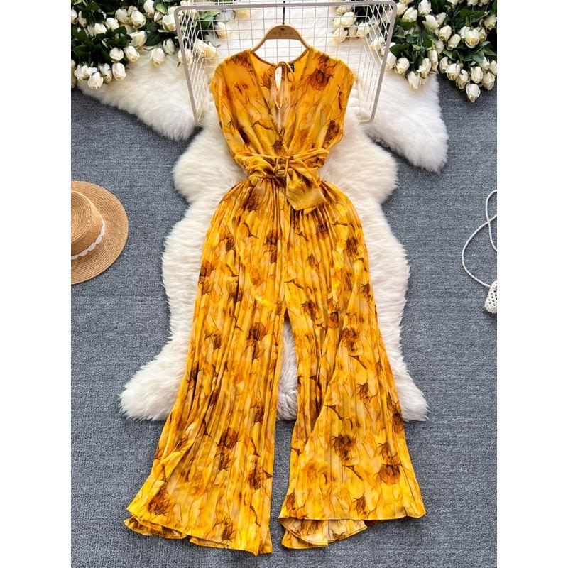 Holiday Ins Wear Women's Fashion Fancy Sleeveless V-neck Lace Up Waist Trimming Printing Loose Wide Leg Pleated Jumpsuit