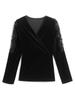 Elegant Cross V-Neck Lace Beaded Black Velvet Top