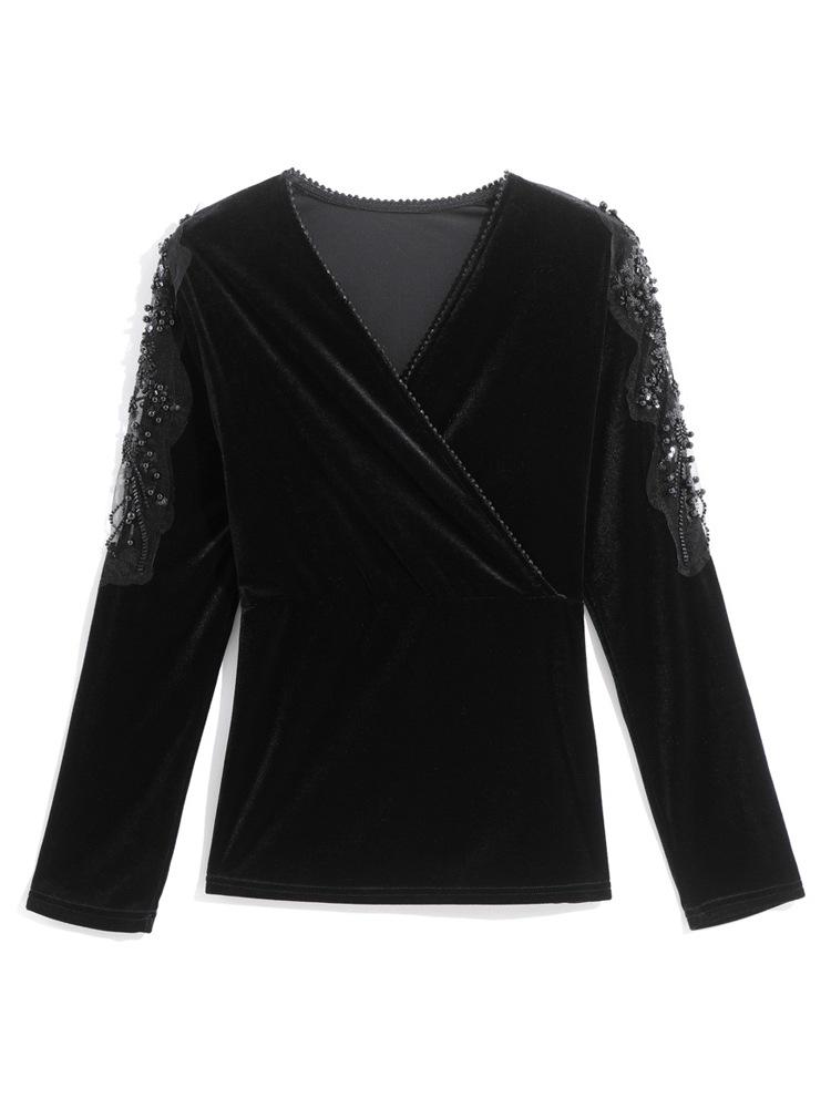 Elegant Cross V-Neck Lace Beaded Black Velvet Top