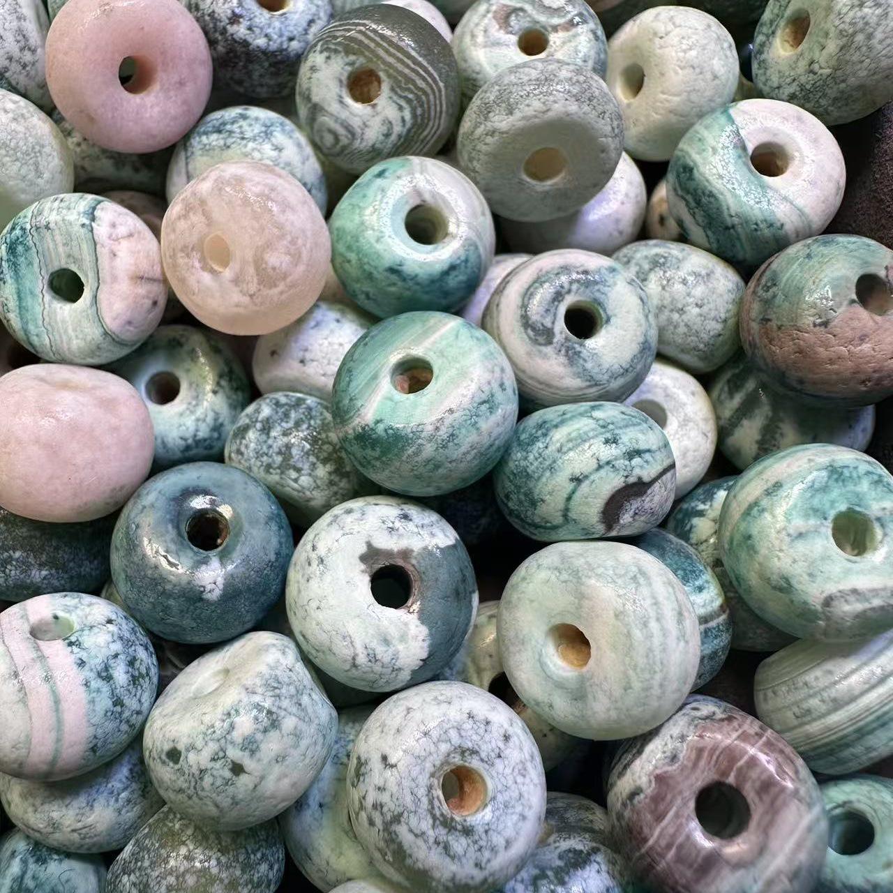 Handmade Green Natural Agate Abacus Beads, 10x14mm, Antique Aged Milk Skin, Loose Beads Xiao Guo Agate