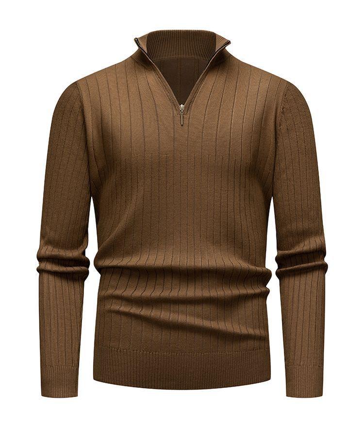 Men's Autumn/Winter Vertical Stripe Half High Collar Zip Knit Sweater