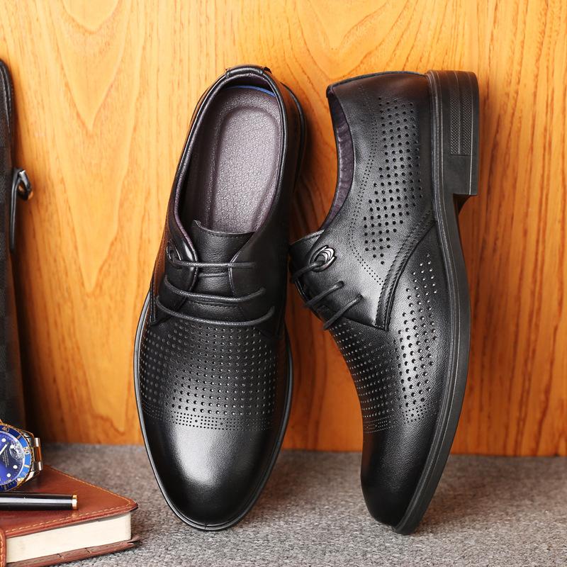 Summer New Men's Top Layer Cowhide Casual Sandals with Lace Up Holes Breathable Hollow Out Middle-aged and Elderly Dad Shoes