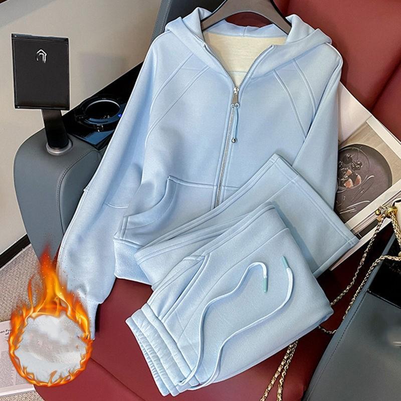 Women's Fall/Winter Fleece-Lined, Thickened Casual Sports Set: Hoodie + Wide-Leg Pants Two-Piece Set