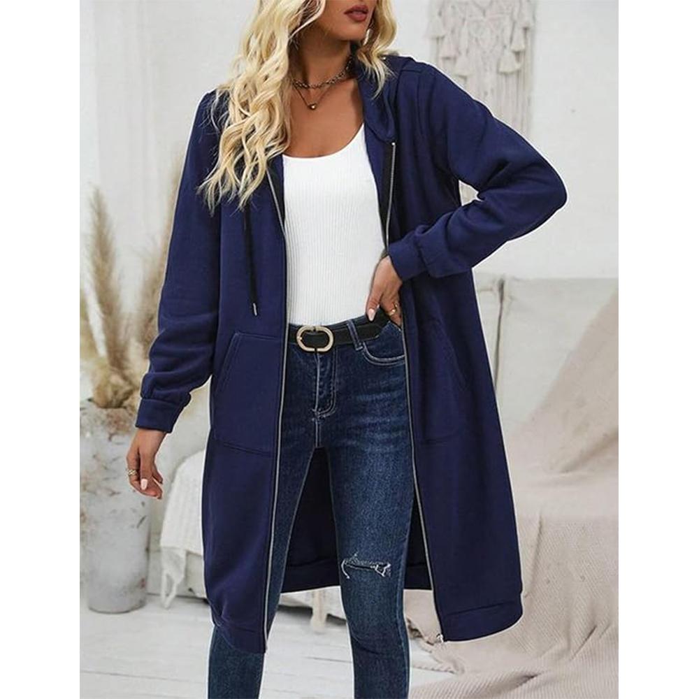 

Женские толстовки на молнии, свободные толстовки из флиса, длинные туники, повседневные толстовки с длинным рукавом, осень 2024 г., куртка с капюшоном, пальто L тёмно-синий