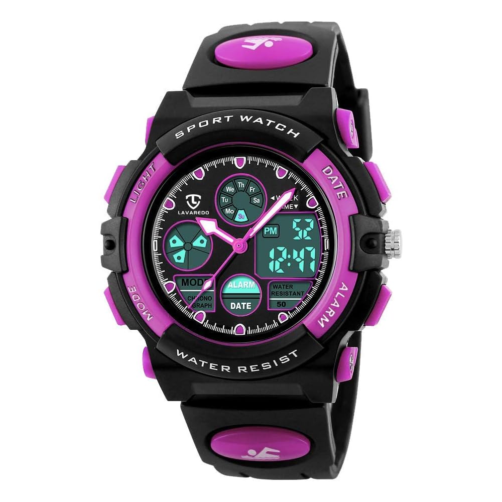 Kids  Sports Watch Multi-Function Waterproof Alert Date Day Display Dual Time LED Analog Digital Watch Purple
