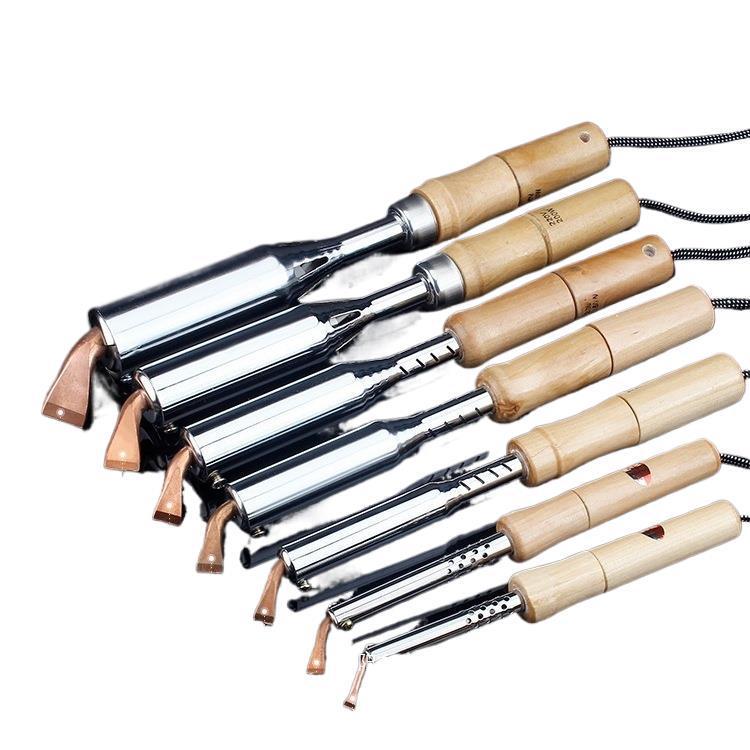 High-Power Electric Soldering Iron Set with Wood Handle - Purple Copper Bent Flat Tip for Household Electronics Repair.
