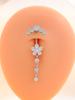 Gold Stainless Steel Long Dangle Flower CZ Belly Button Ring for Women