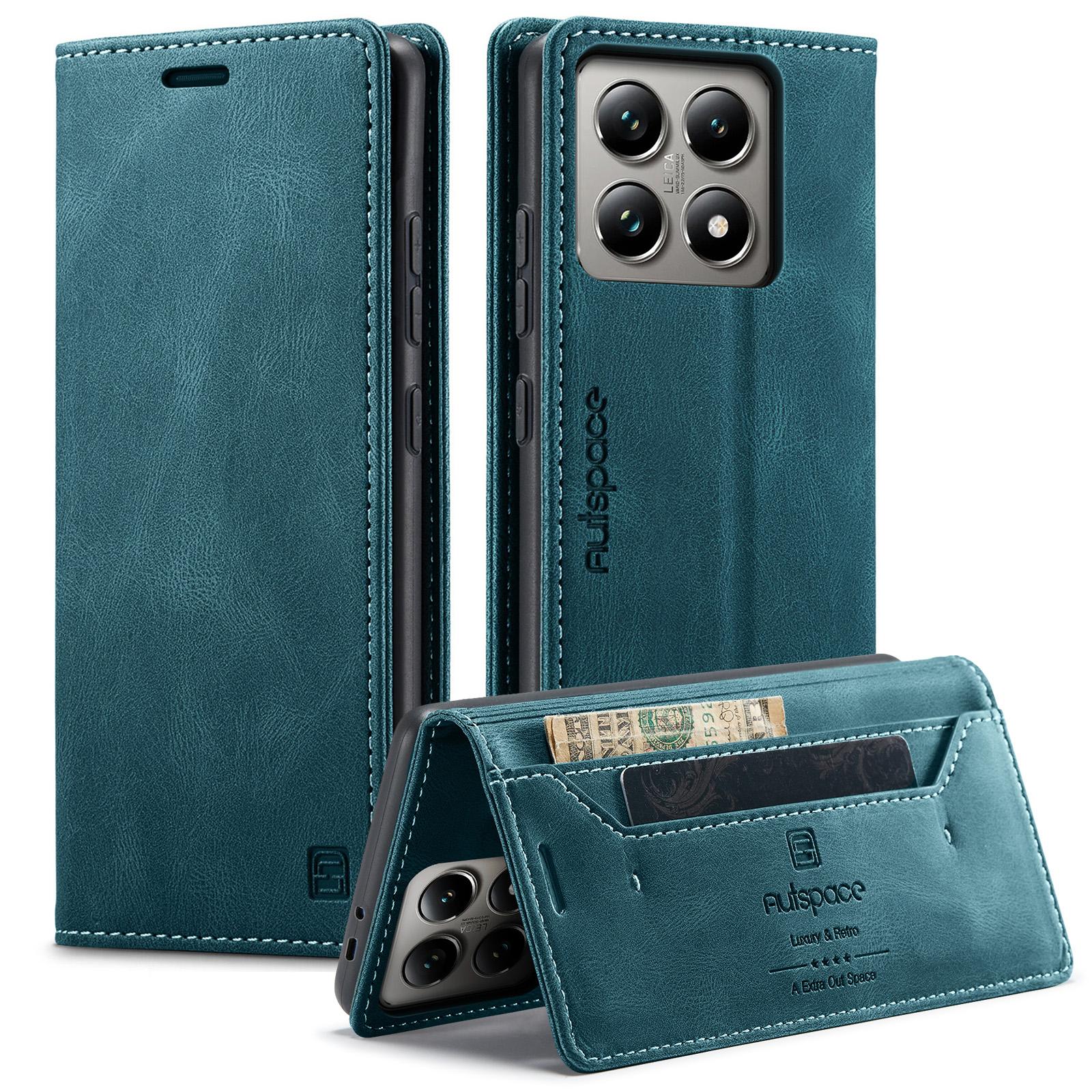 

For Xiaomi 14T Pro Wallet Case AUTSPACE A01 Leather Stand Cover with RFID Blocking Card Holder Blue