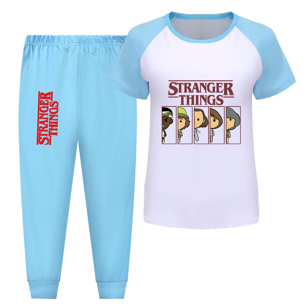 5248 Kids Boys Girls Stranger Print T-shirt Pants Trouser Sport Tracksuit Clothes Set