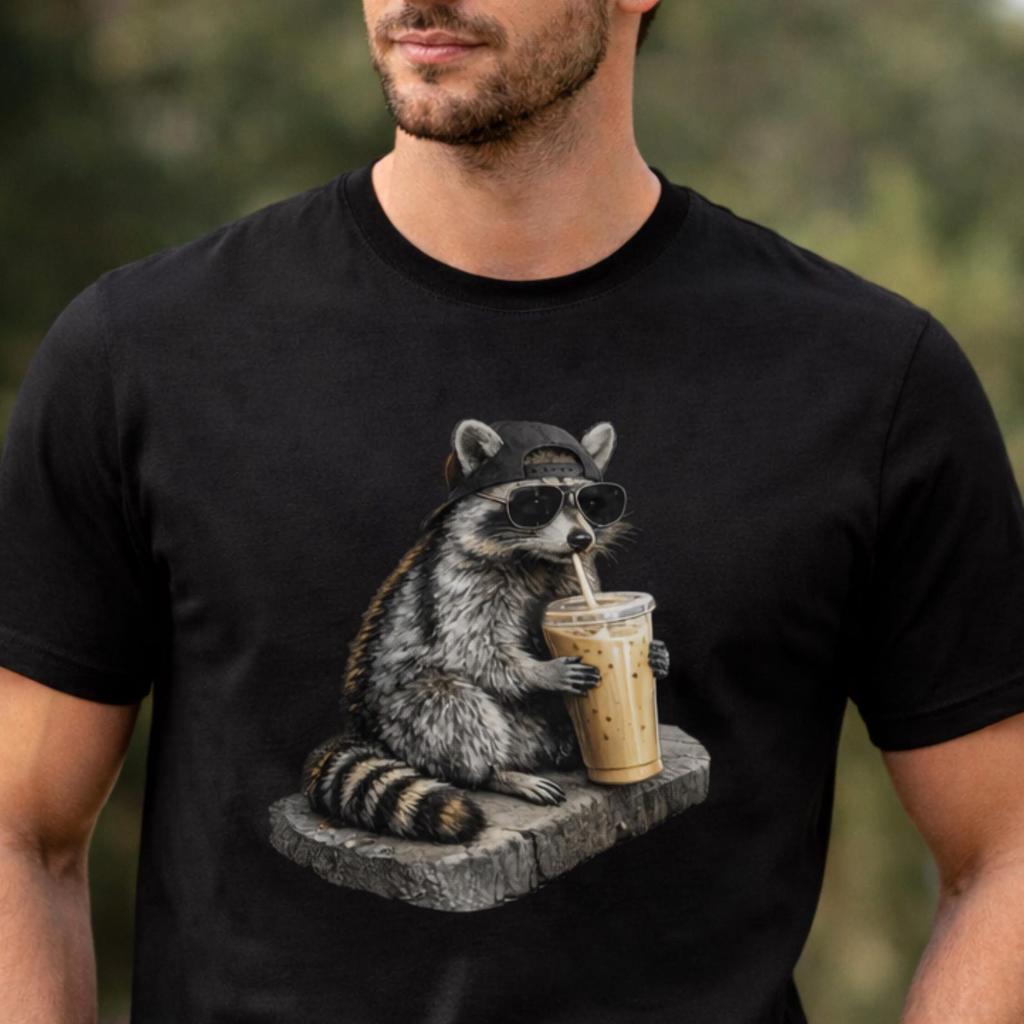 Raccoon Drinking Iced Coffee Shirt | Funny Animal Meme Tee