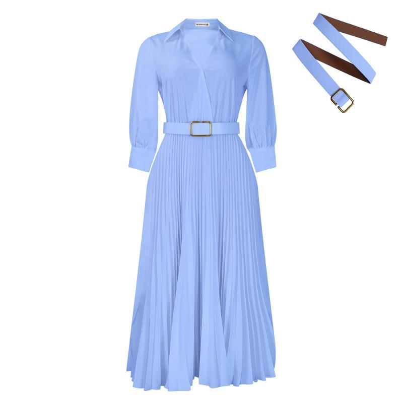Women s Clothing New Style Elegant Long Pleated Dress Fashionable V-neck Solid Color S