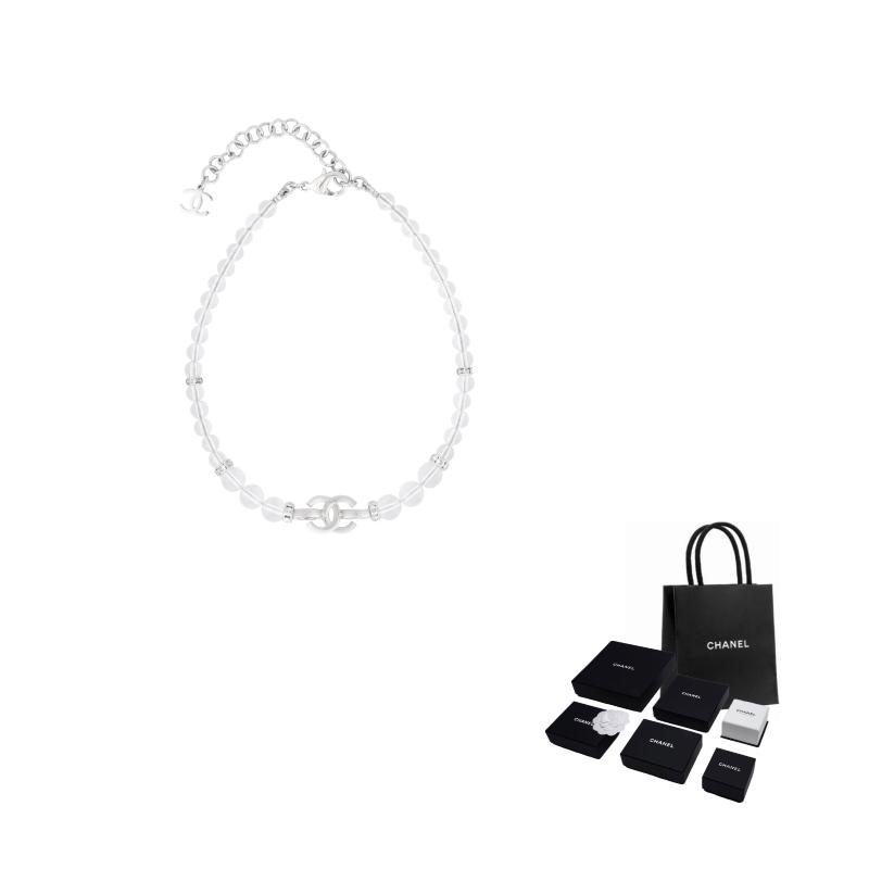 

CHANEL [25S Spring and Summer] Crystal Double C Trimming Design Metal Necklace Women s White білий