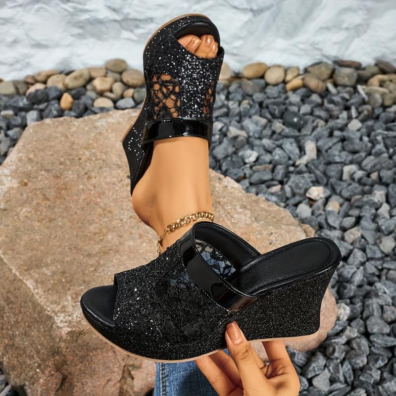 Women'S Elegant Slip-On Wedge Sandals with Glittery Sequin Lace Detail, Open-Toe Platform Heel & PU Cover Upper - Versatile Casual To Formal Shoes