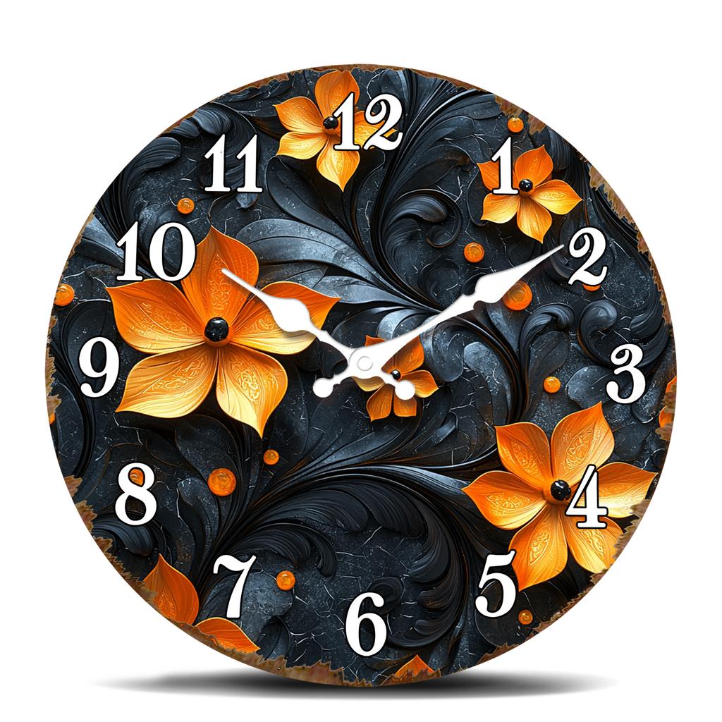 Vibrant Orange Flowers on Black Round Wall Clock, Floral Decorative Timepiece for Modern Interiors
