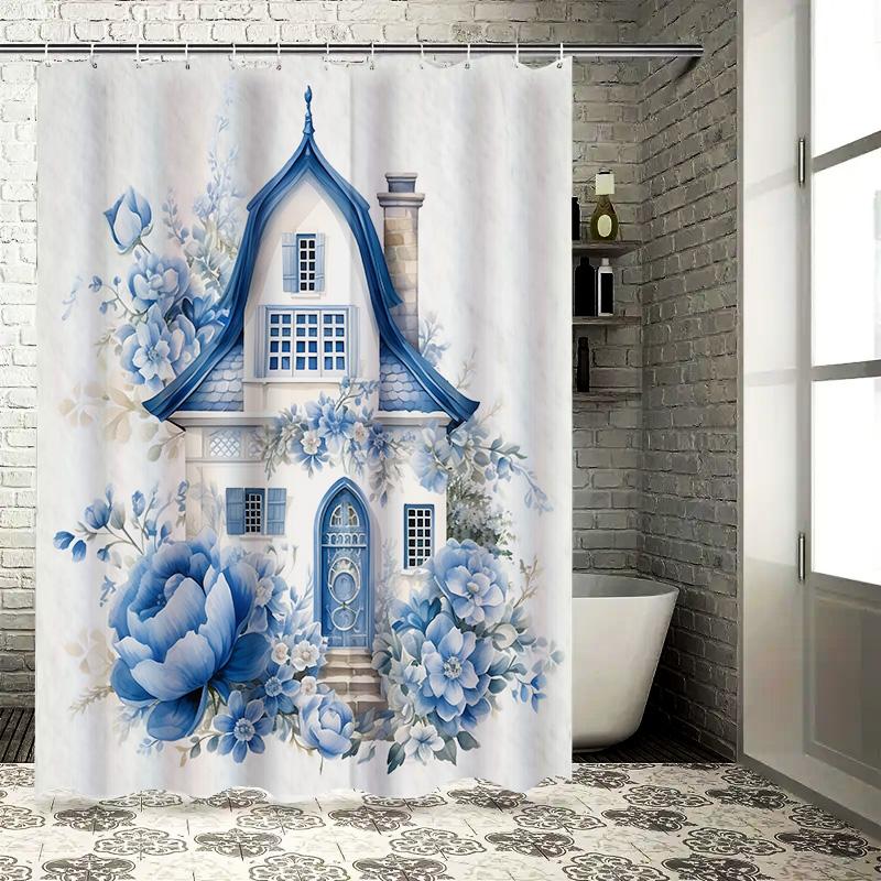 

Blue Floral House Shower Curtain For Bathroom - Waterproof And Durable With Elegant Design Suitable For Wet And Dry Separation W60H190(CM)-1 Pcs