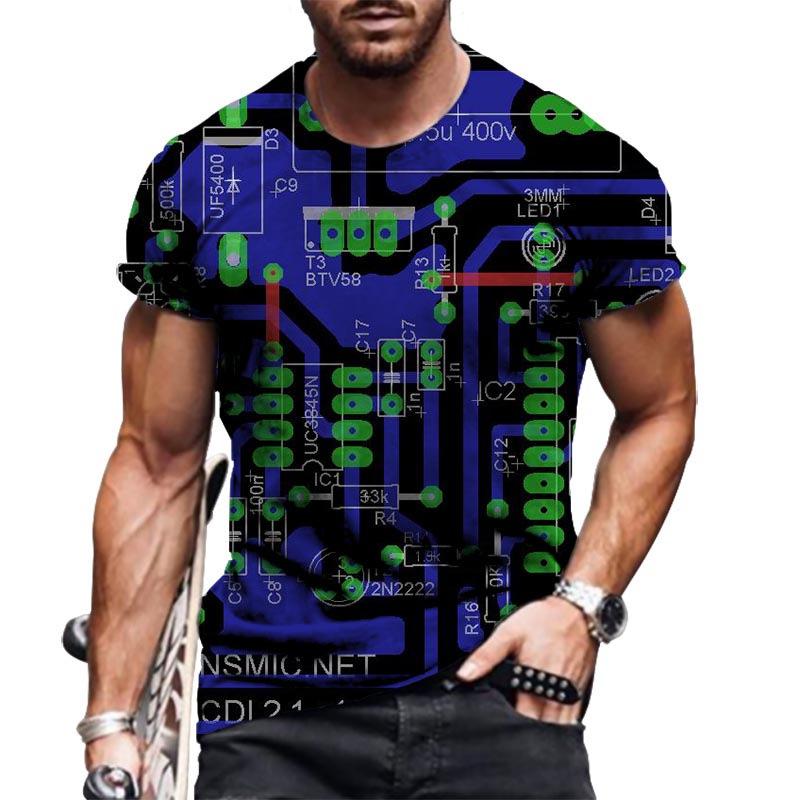 Summer Round Neck 3D Circuit Board Print T-shirts Fashionable Casual Short Sleeved Men's T-shirts