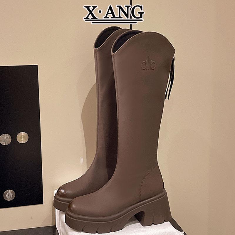 Leather Brown Back Zipper Boots Women's Small Thick-soled Height Boots Knee-high Boots Coarse Heel Knight Boots