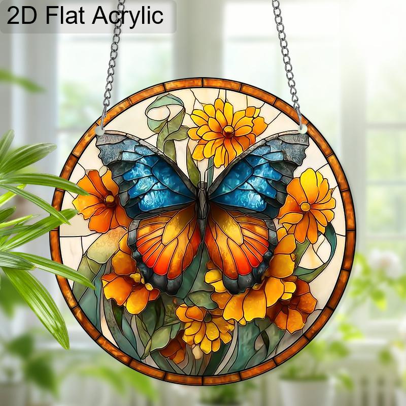 Acrylic Blue-Orange Butterfly with Yellow Flowers Suncatcher, Stained Glass Effect Window Hanging Ornament for Nature & Art Lover Gifts