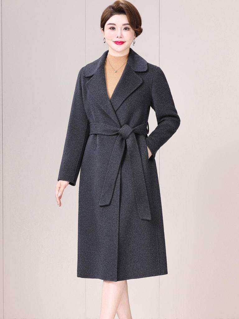 Damski dwustronny płaszcz kaszmirowy - Modny średniej długości z wiązaniem, wełniany, na jesień/zimę