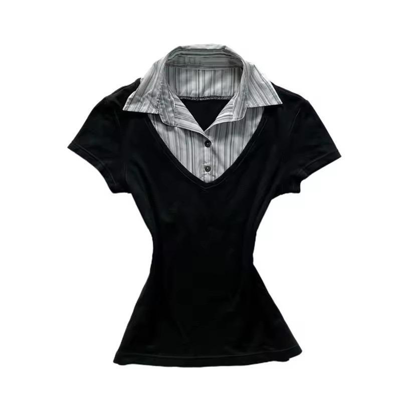 ROADVIBE Chemise japonaise rétro noire neuve à col en V pour femmes Harajuku Goth grande taille ajustée à la taille et amincissante top fashion