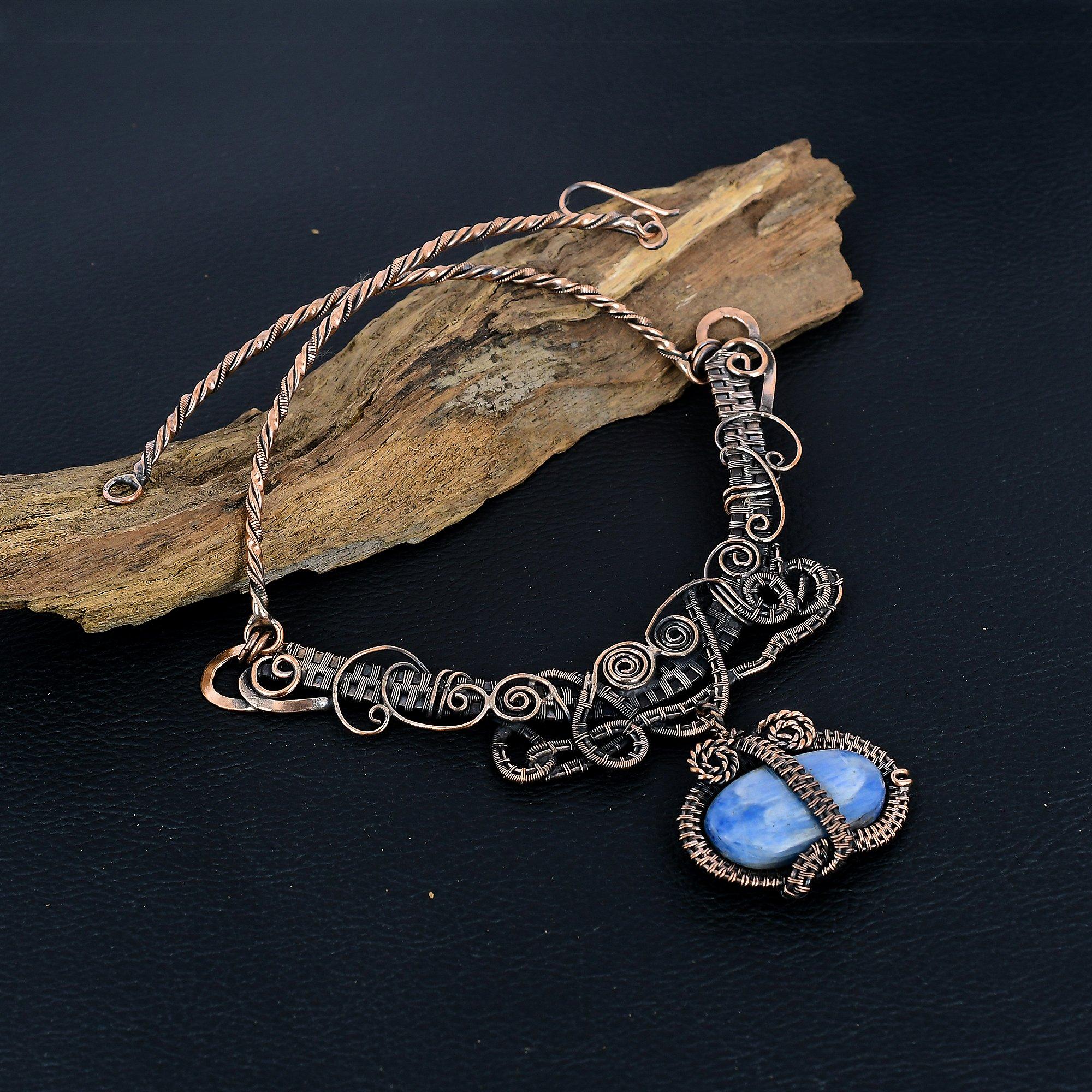 

Кианит, ожерелье, обернутое медной проволокой 999 пробы, с регулируемой цепочкой, ожерелье из драгоценных камней ручной работы ко Дню памяти