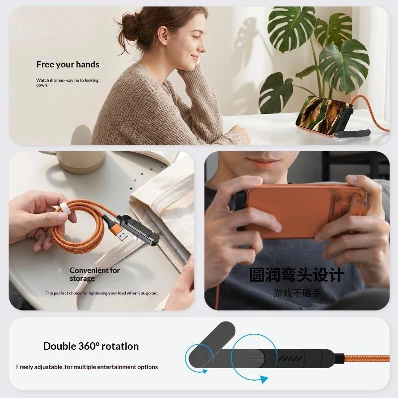 240W 2 In 1 Fast Charging Cable Black/Orange With Foldable Phone Holder Stand For Tablet Laptop Charger Cord Usb
