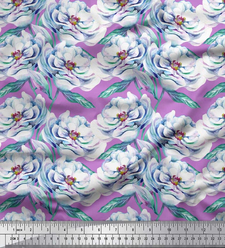 Soimoi Green Japan Crepe Satin Fabric Leaves & Blooming Camellias Floral Print Sewing Fabric Metre 42 Inch