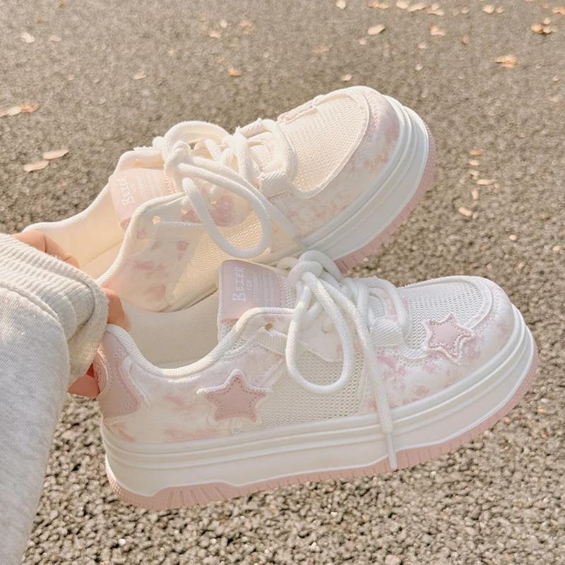 Fashion 2025Round-toe Lace-up Casual White Thick-soled Vulcanized Shoe Seasonal New Sneakers  Comfortable Flat-soled Fashion