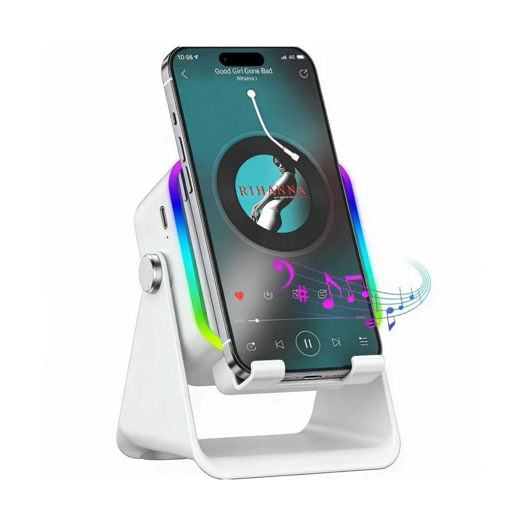 5-in-1 Wireless Induction Bluetooth Speaker with Phone Stand, Stereo Sound, 3500mAh Battery, RGB Light, 360° Holder – Gift for Men & Women