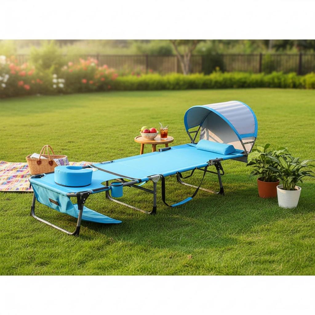 Folding Beach Lounger with Canopy Foldable Face Down Tanning Cot Ergonomic