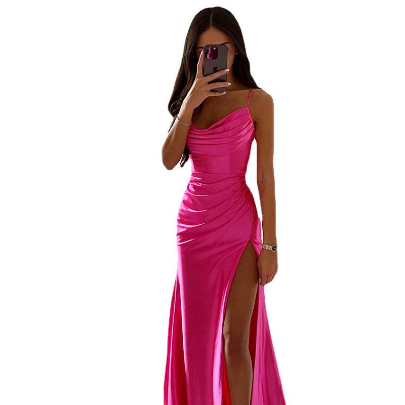 Women Satin One Shoulder Cowl Neck Maxi Dress Ruched High Slit Bodycon Slim Fit Elegant Evening Prom Party Formal Gown Multi Color
