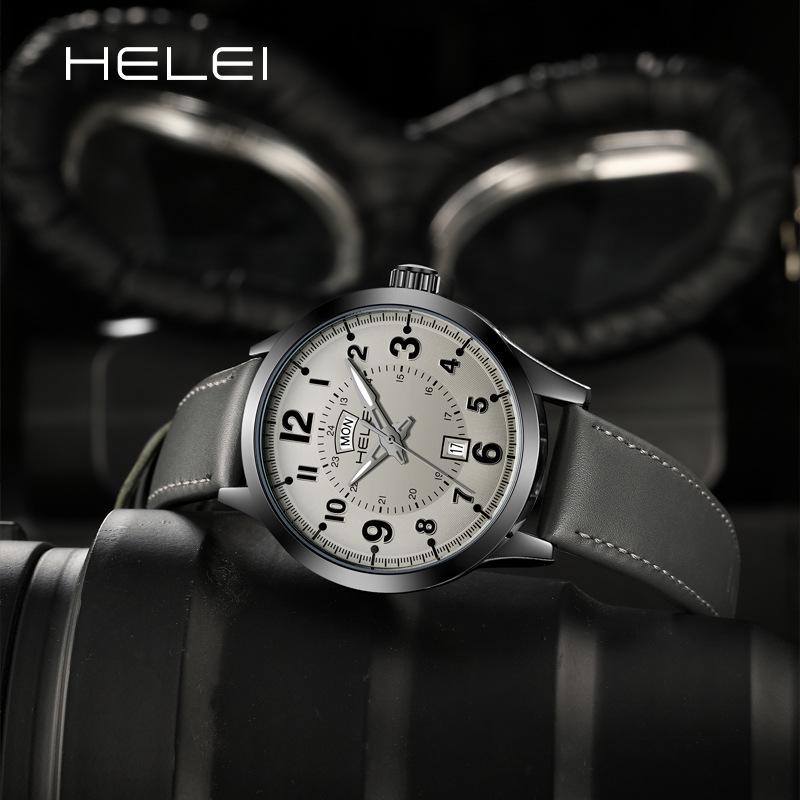 HELEI Wasserdichte Herren-Quarzuhr mit echtem Lederarmband - Modell H9019