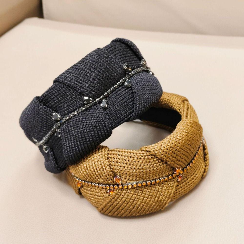 Knitted Fabric Wide Headband Wide Width Rhinestone Headband Stylish Retro Hair Hoop Daily Wear