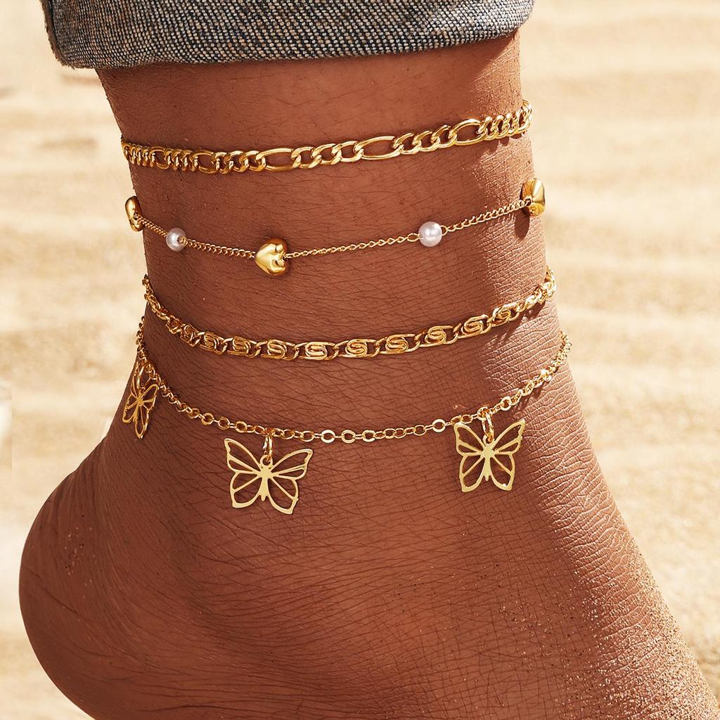 Retro Multi-layer Butterfly & Star Fishbone Women's Tassel Anklet Set