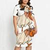 Women Plus Size Halloween Printed Round Neck Short Sleeve Asymmetric Top Fitted Skirt Two Piece Set