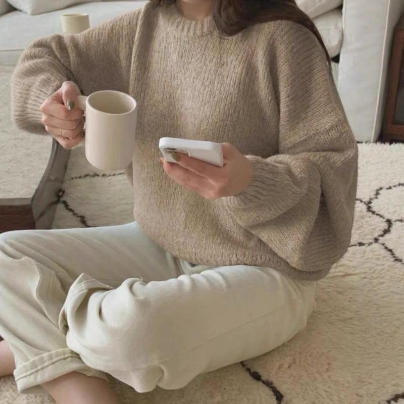 Crew neck imitation mohair sweater women's autumn and winter knitted top fashion casual sweater women's clothing