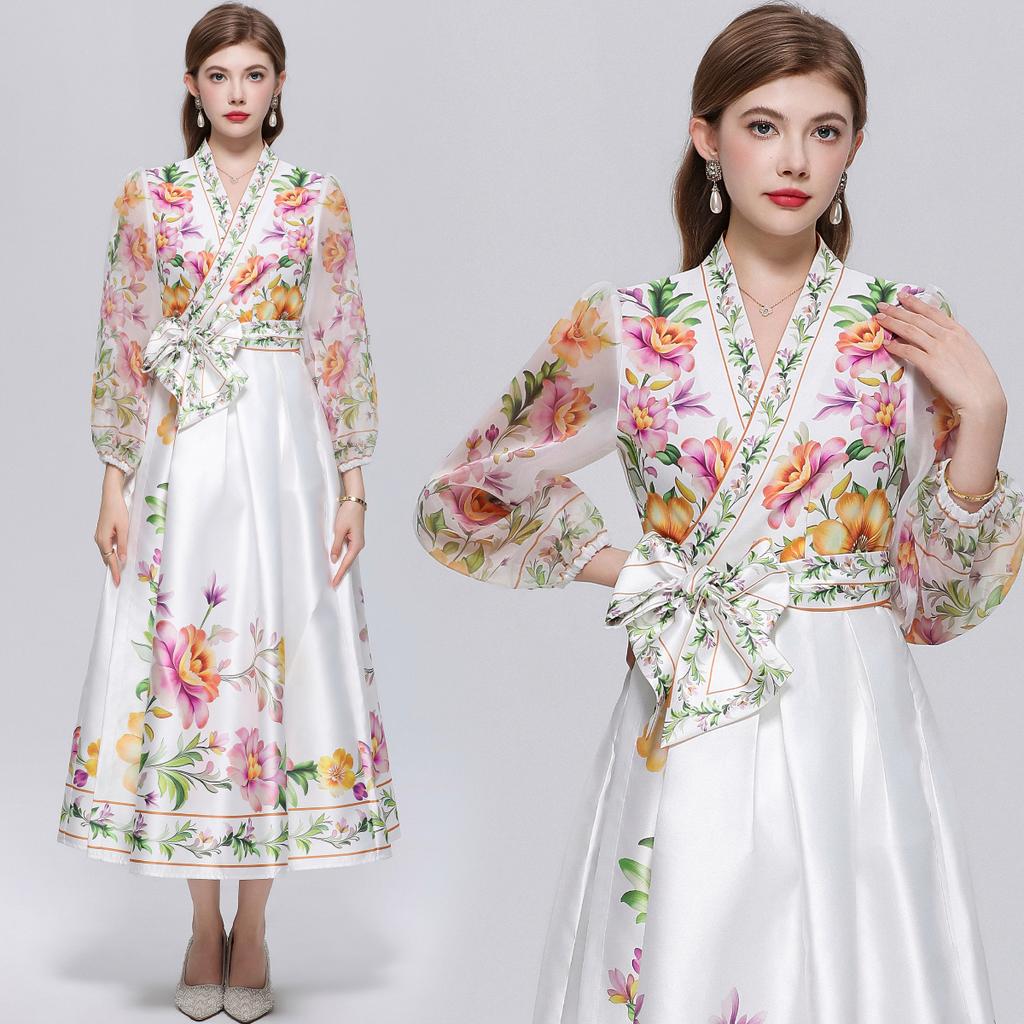 Wunderschönes Blumenwickel-Langarmkleid Damen V-Ausschnitt Laternenärmel Chiffon-Patchwork Dickes Satin-Band-Schnürgürtel Partykleid