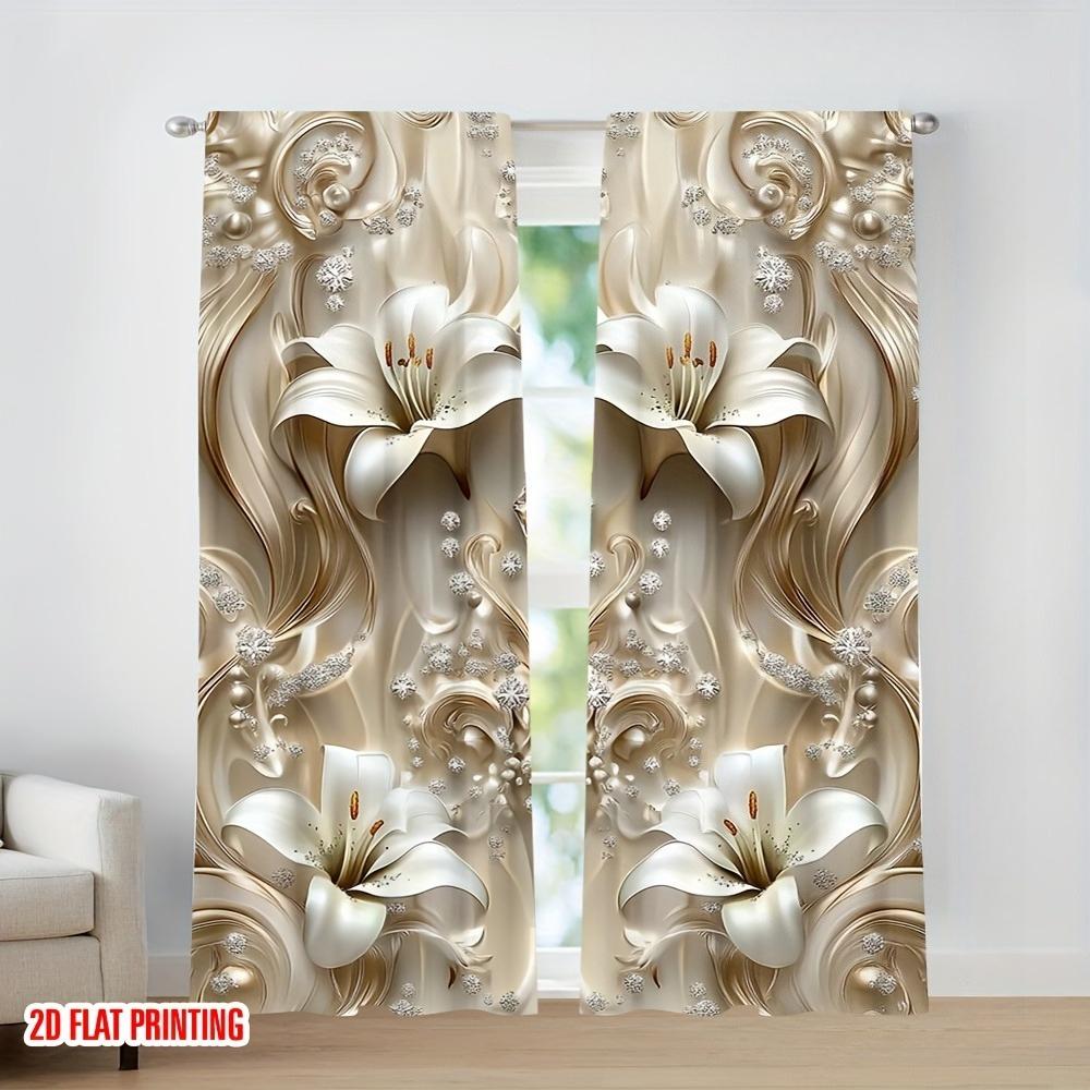 2 Stück Elegante 2D-Lilien- & Edelsteindruck-Vorhänge – Festliche & Alltägliche Stangentaschen-Fensterdekoration für Wohnzimmer, Büro, Schlafzimmer, Küche